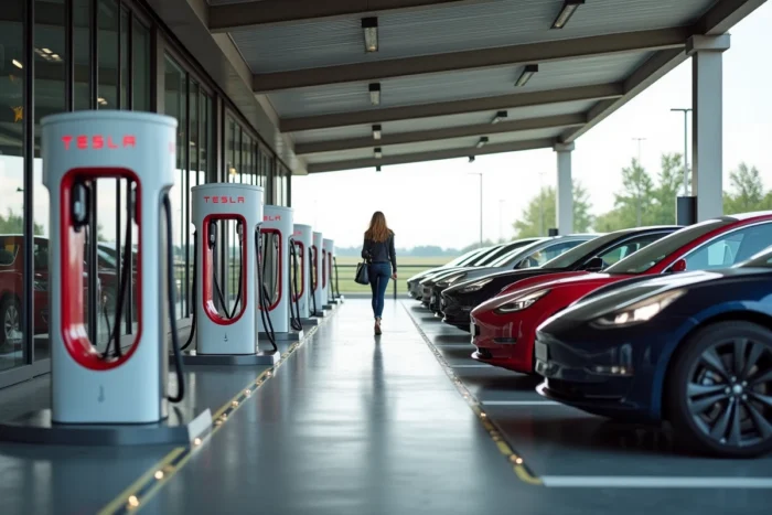 Station Supercharger Tesla à l'intérieur d'une aire d'autoroute française avec plusieurs véhicules en charge simultanément