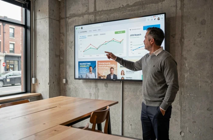 Manager présentant une stratégie de visibilité marketing sur Network Emploi dans un espace de coworking