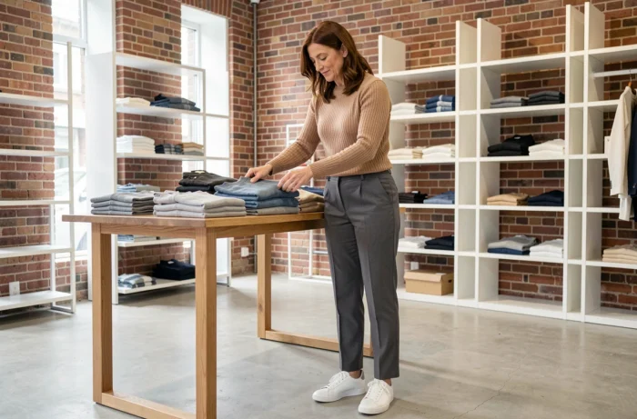 Femme en pull côtelé beige et pantalon gris ardoise faisant du shopping dans une boutique minimaliste, look décontracté chic façon Jennifer Garner