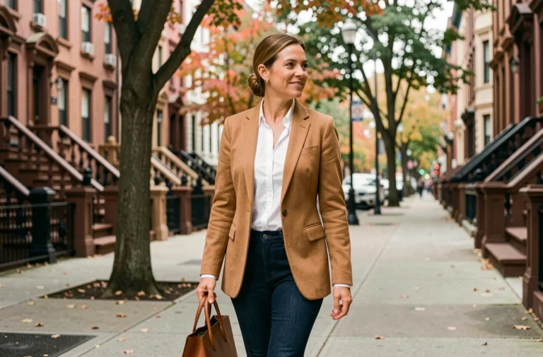 Femme élégante en blazer camel et jean droit portant un sac en cuir cognac dans une rue arborée d'automne, style casual chic inspiré de Jennifer Garner