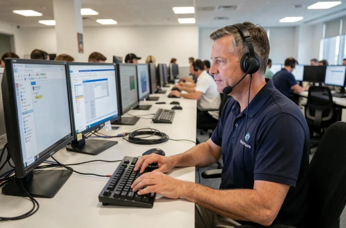 Klantenservicetechnicus in een callcenter die gebruikers helpt bij het oplossen van een serviceonderbreking