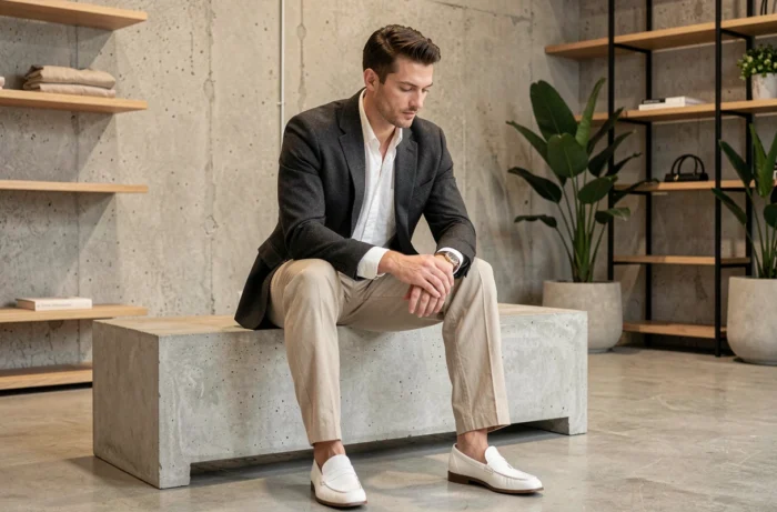 Homme stylé en blazer charbon et pantalon large beige assis dans un concept store moderne, mode masculine contemporaine