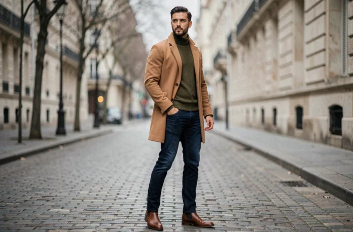 Homme élégant en manteau camel et col roulé olive dans une rue pavée parisienne, tendances mode automne-hiver
