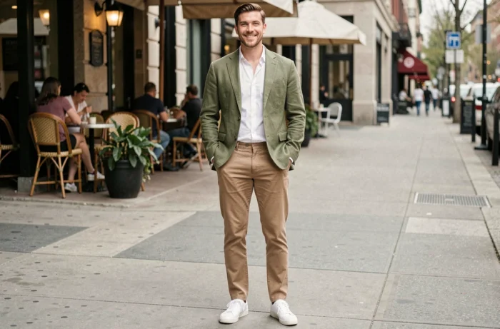 Uomo in blazer di lino oliva e sneakers bianche posando su un marciapiede urbano in un outfit moda casual