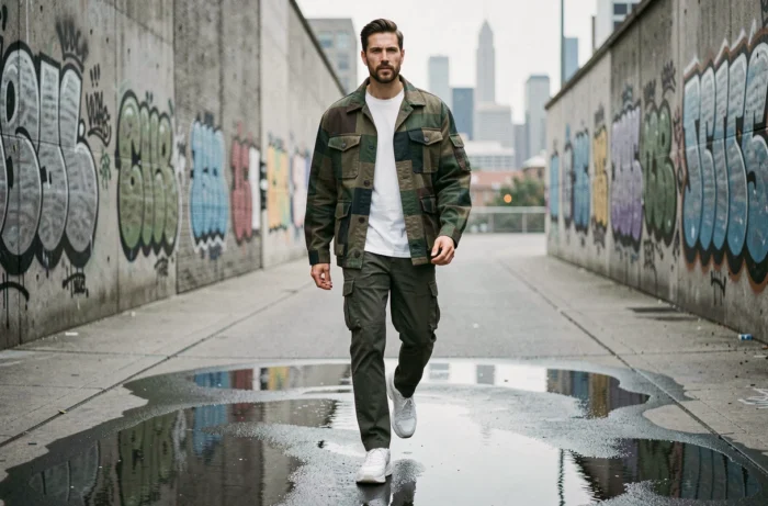 Homme moderne en veste patchwork oversize marchant sur un trottoir urbain, style streetwear tendance saison actuelle