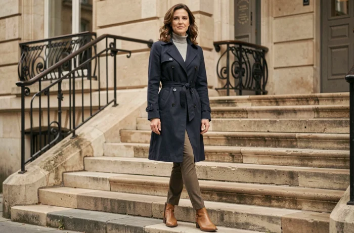 Femme en trench-coat marine et bottines caramel sur des marches en pierre, tenue automne élégante et intemporelle dans le style Jennifer Garner