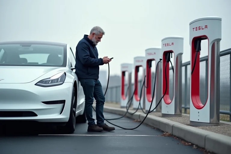 Tesla Model 3 branchée à une borne Supercharger Tesla dans un parking urbain, propriétaire consultant son téléphone