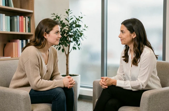 Giovane donna in seduta di terapia che parla delle sue relazioni paterne, illustrando il lavoro psicologico legato ai daddy issues nell'età adulta