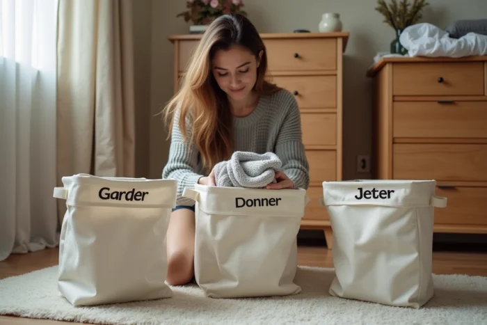 Femme triant ses affaires pièce par pièce dans trois bacs étiquetés garder, donner et jeter