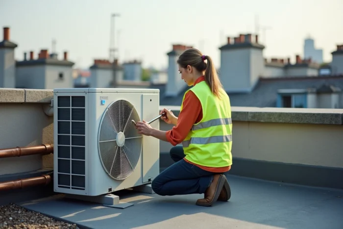 Unité extérieure de climatisation réversible installée sur la terrasse d'un immeuble en dernier étage par une technicienne