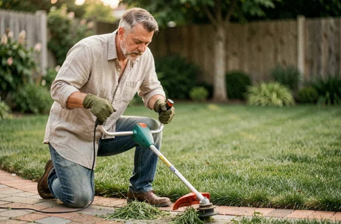 Homme utilisant un taille-bordure électrique pour délimiter proprement les bords d'une pelouse dans un jardin résidentiel soigné