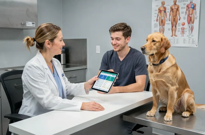 Vétérinaire expliquant les options d'assurance animale à un couple dans une clinique vétérinaire moderne