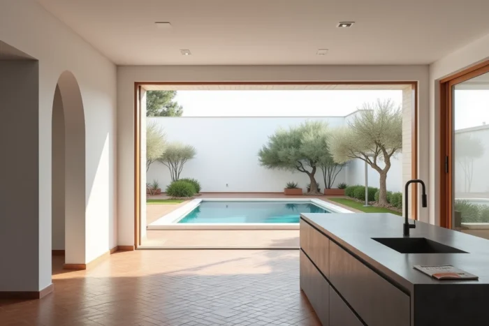 Intérieur moderne d'une villa clé en main à Marrakech avec cuisine en béton et cour avec piscine