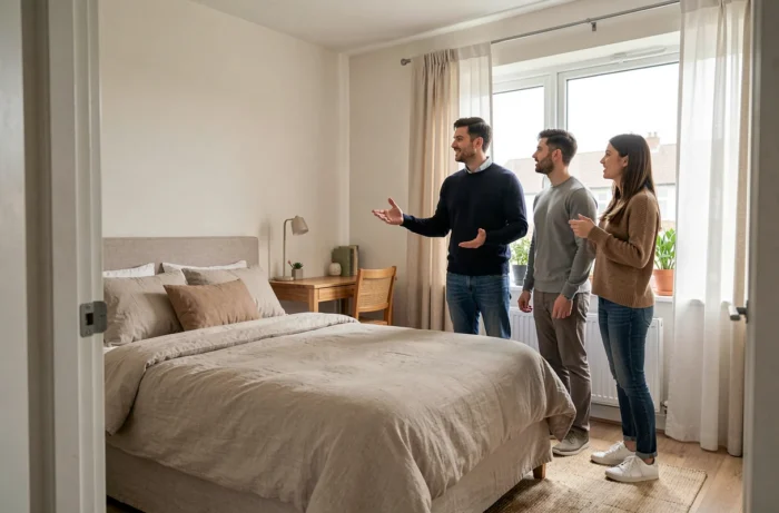 Propriétaire faisant visiter une chambre meublée à louer à des locataires potentiels dans sa résidence principale