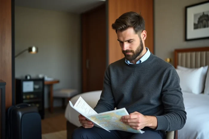 Un voyageur solo consulte les informations sur sa formule LPD dans une chambre d'hôtel confortable, illustrant les services inclus et les avantages pratiques de ce mode de réservation