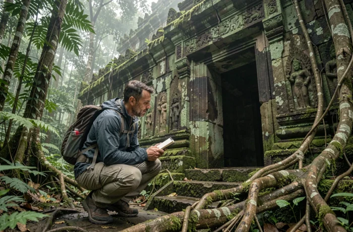 Voyageur découvrant les ruines d'un temple ancien dans la jungle tropicale lors d'un voyage d'exploration