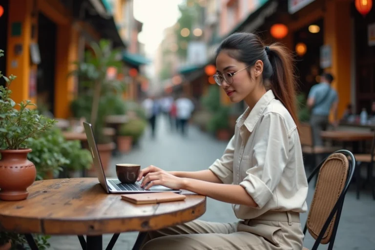 Voyageuse nomade travaillant sur son ordinateur portable dans un café en plein air d'un marché asiatique animé