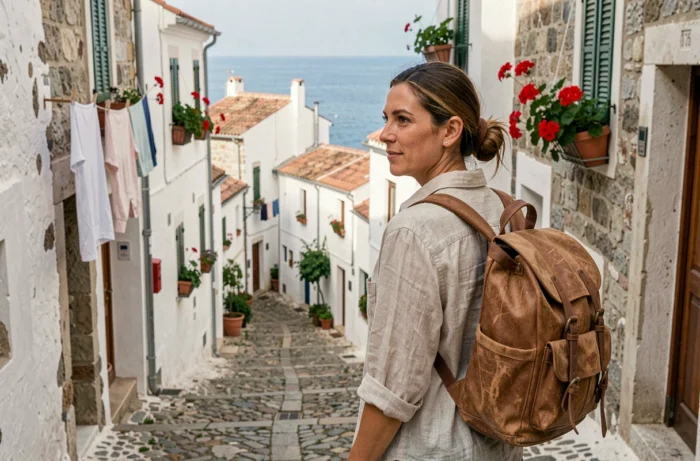 Voyageuse explorant une ruelle pittoresque d'un village méditerranéen avec vue sur la mer