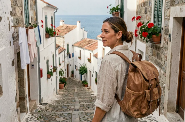Voyageuse explorant une ruelle pittoresque d'un village méditerranéen avec vue sur la mer