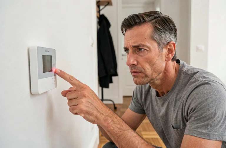 Homme examinant un voyant rouge clignotant sur un thermostat Delta Dore fixé au mur dans un couloir d'appartement moderne