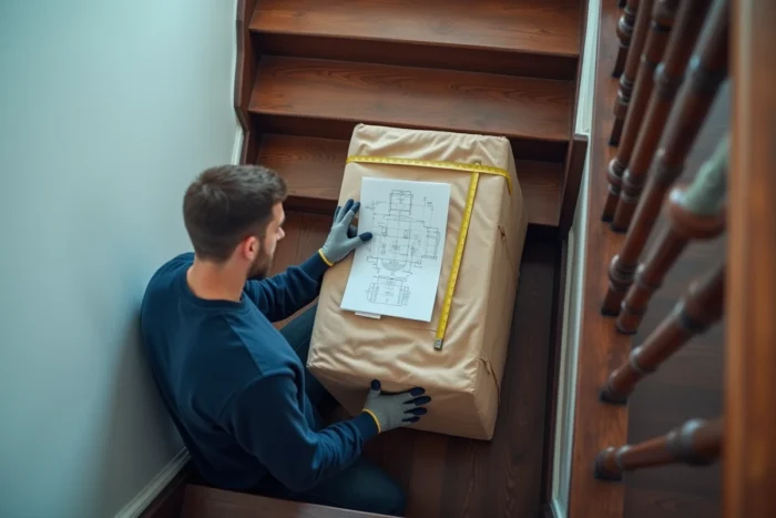 Vue en plongée d'un meuble emballé en haut d'un escalier en bois avec un homme mesurant l'espace disponible