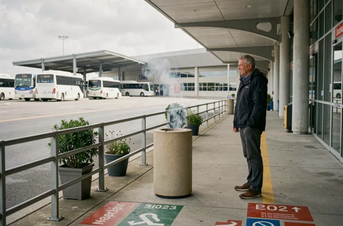 Zone fumeurs extérieure à l'entrée d'un aéroport avec cendrier sur béton et navette en arrière-plan